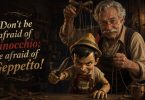 An image of Pinocchio and Geppetto created with AI, conveying the message that one should fear the Creator, not the created.