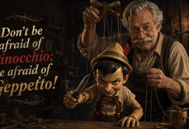 An image of Pinocchio and Geppetto created with AI, conveying the message that one should fear the Creator, not the created.
